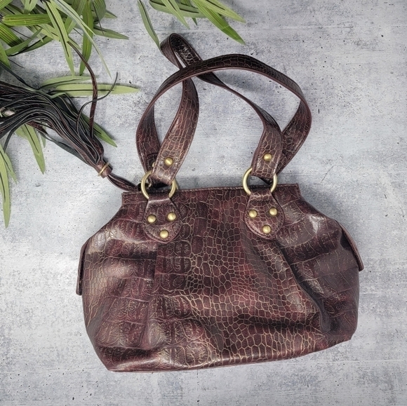 Kate Landry | Dark Brown Crocodile Embossed Handbag with Tassel - Picture 8 of 10
